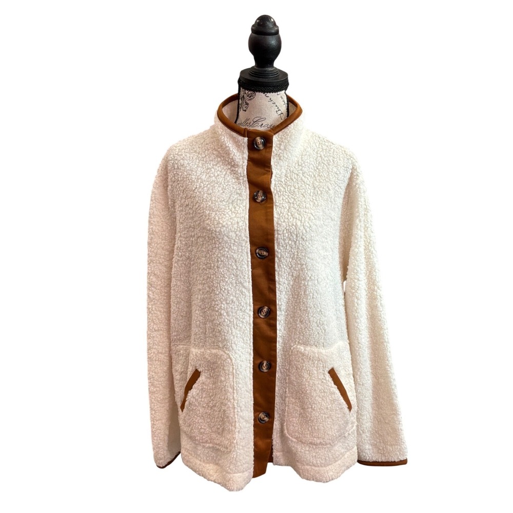 JustFashionNow Womens XXL Cream Sherpa Fleece Button Front Jacket Brown Trim